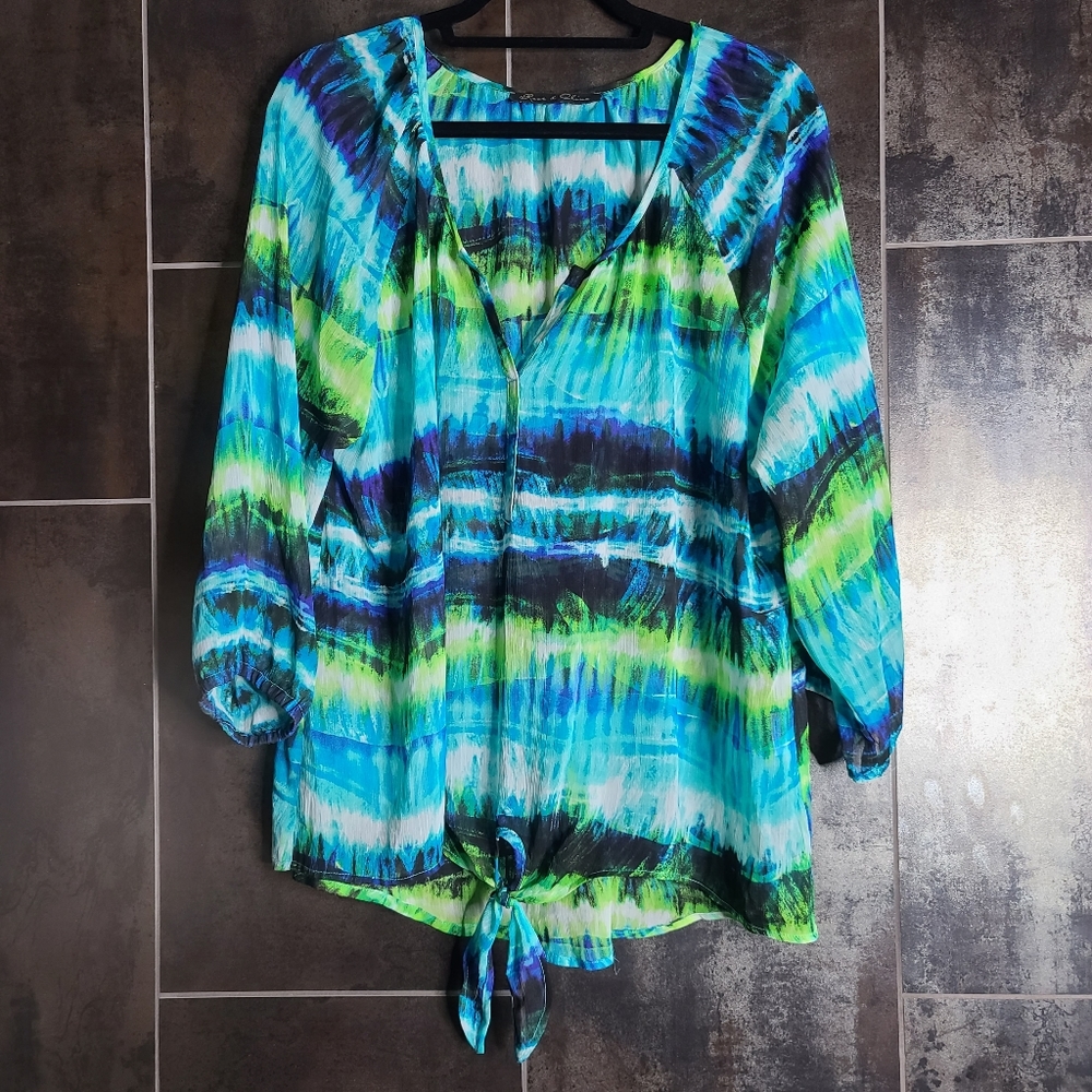 Rose & Olive Blue Green Sheer Tie Front Blouse XL